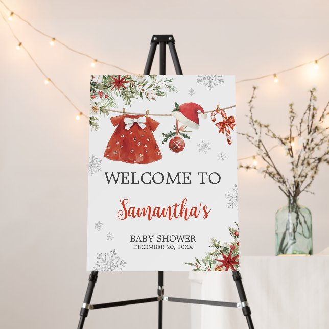 Red Girl Santa Christmas Baby Shower Welcome Sign (In Situ (Stand))