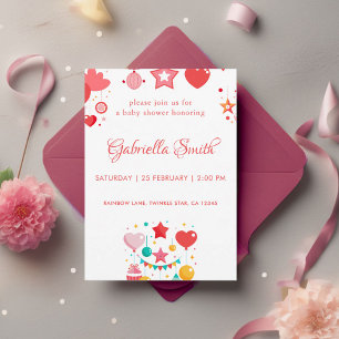 Red Girl Stars Sprinkle Baby Shower Invitation