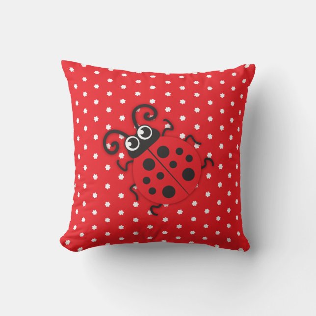 Red girls ladybug name polka dot pillow (Front)