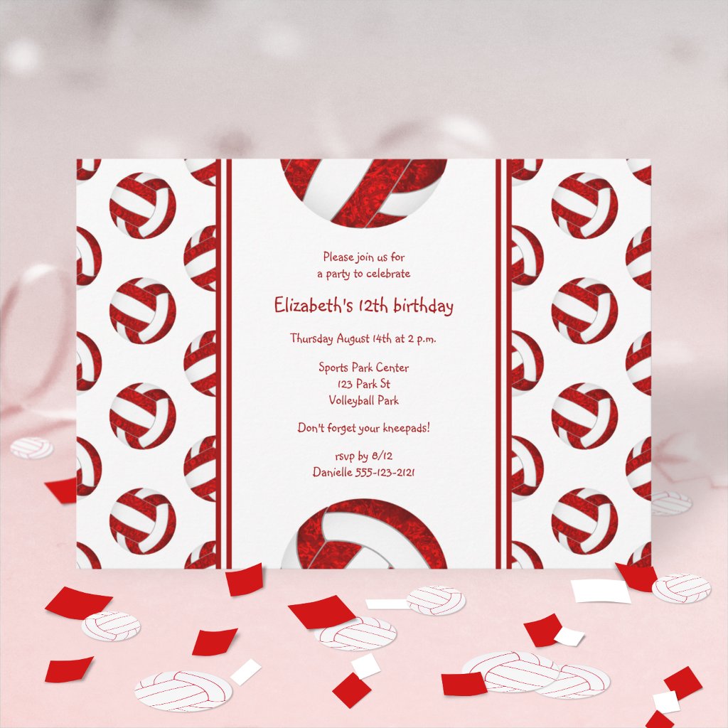 red white team colors girly volleyballs pattern birthday party invitation