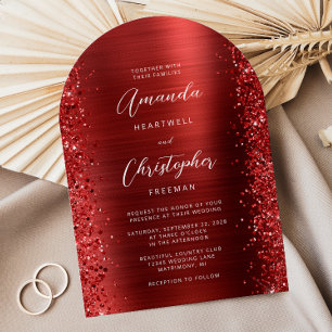 Red Glam Brushed Metal Arch Wedding Invitation