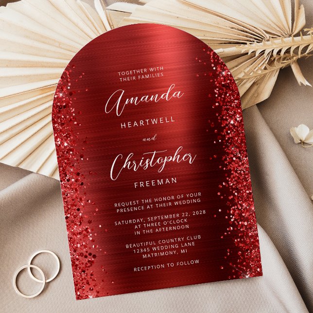 Red Glam Brushed Metal Arch Wedding Invitation (Creator Uploaded)