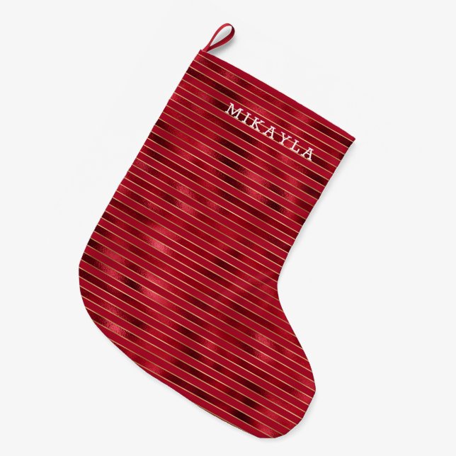 Red Glam Gold Stripes Large Christmas Stocking (Front (Hanging))