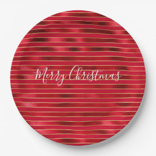 Red Glam Gold Stripes Paper Plates