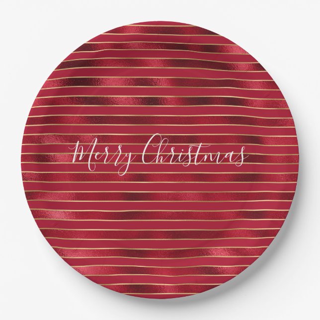 Red Glam Gold Stripes Paper Plates (Front)