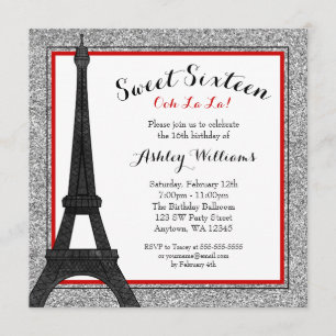 Red Glam Paris Themed Faux Glitter Sweet 16 Invitation