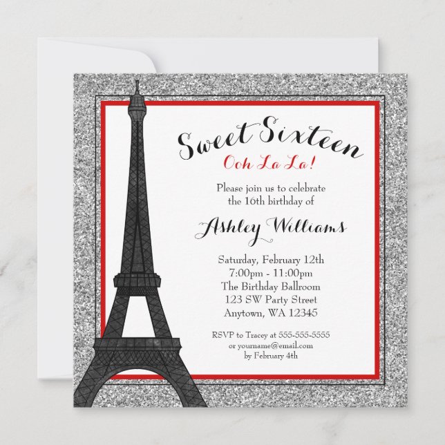 Red Glam Paris Themed Faux Glitter Sweet 16 Invitation (Front)