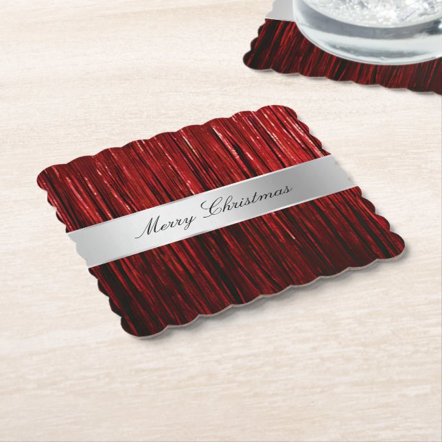 Red Glam Tinsel Stripes Paper Coaster (Angled)