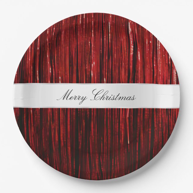 Red Glam Tinsel Stripes Paper Plates (Front)