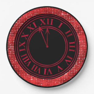 Red Glamorous Diamonds New Year's Clock Paper Plates
