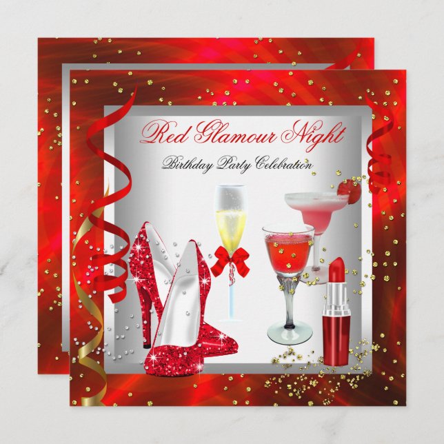 Red Glamour Night Cocktails Champagne Party Invitation (Front/Back)