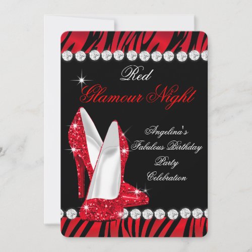 Red Glamour Night Zebra Glitter Shoes Party 2 Invitation