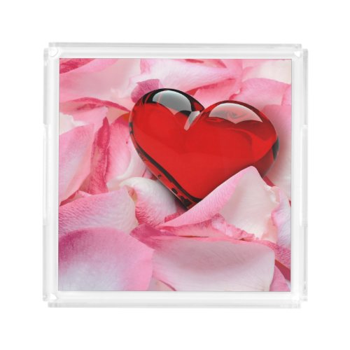 Red Glass Heart Rose Petals Acrylic Tray