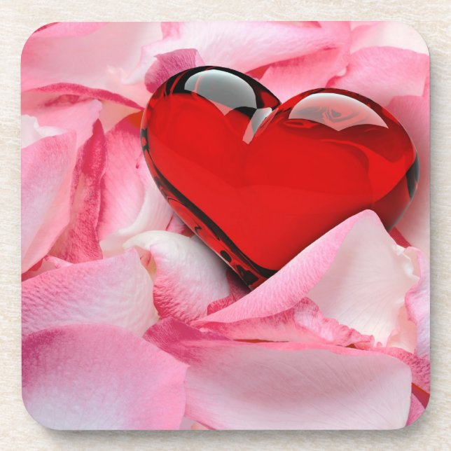 Red Glass Heart Rose Petals Beverage Coaster (Front)