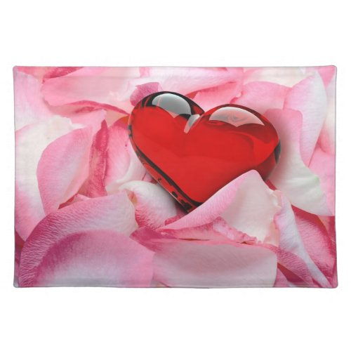 Red Glass Heart Rose Petals Cloth Placemat