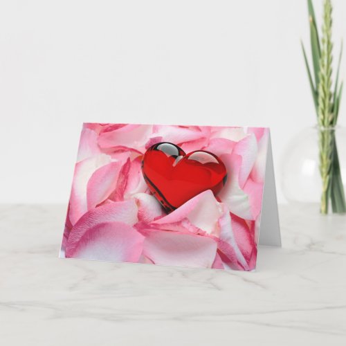 Red Glass Heart Rose Petals Holiday Card