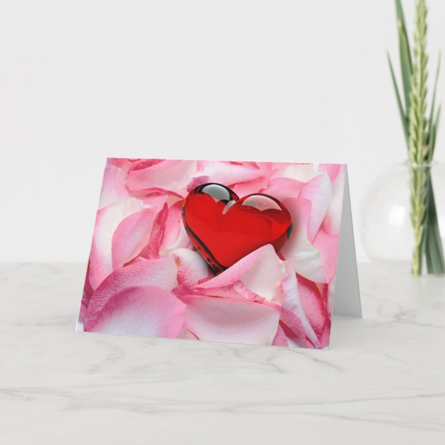 Red Glass Heart Rose Petals Holiday Card (Front)