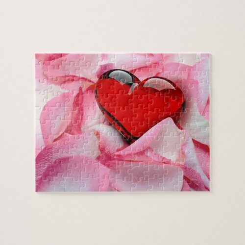 Red Glass Heart Rose Petals Jigsaw Puzzle