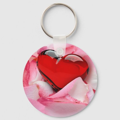 Red Glass Heart Rose Petals Keychain