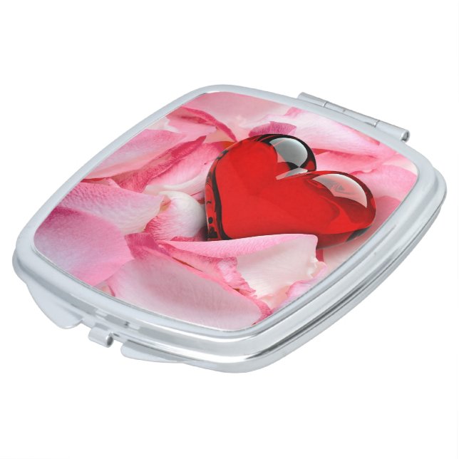 Red Glass Heart Rose Petals Makeup Mirror (Turned)
