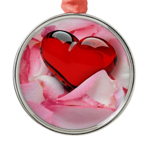 Red Glass Heart Rose Petals Metal Ornament
