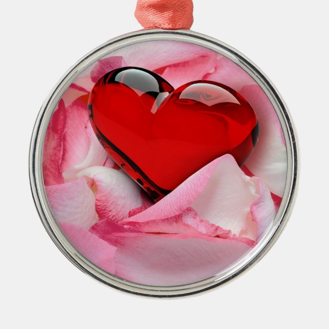 Red Glass Heart Rose Petals Metal Ornament (Front)