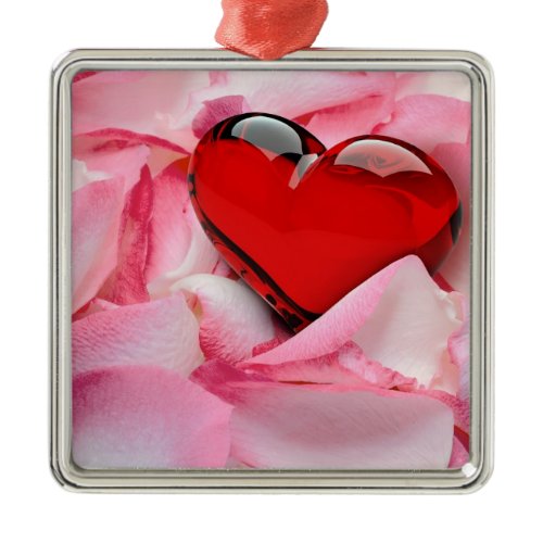 Red Glass Heart Rose Petals Metal Ornament