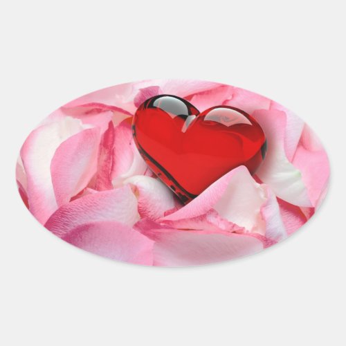 Red Glass Heart Rose Petals Oval Sticker