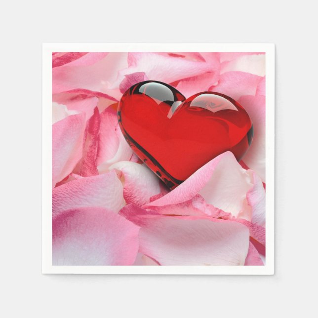 Red Glass Heart Rose Petals Paper Napkins (Front)