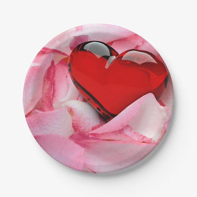 Red Glass Heart Rose Petals Paper Plates (Front)