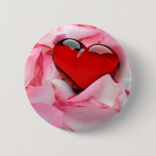 Red Glass Heart Rose Petals Pinback Button (Front)