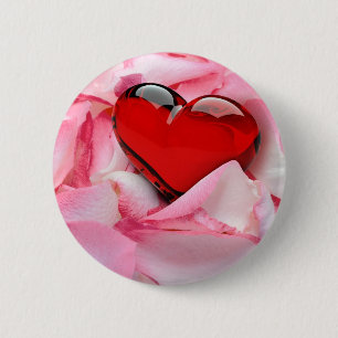 Red Glass Heart Rose Petals Pinback Button
