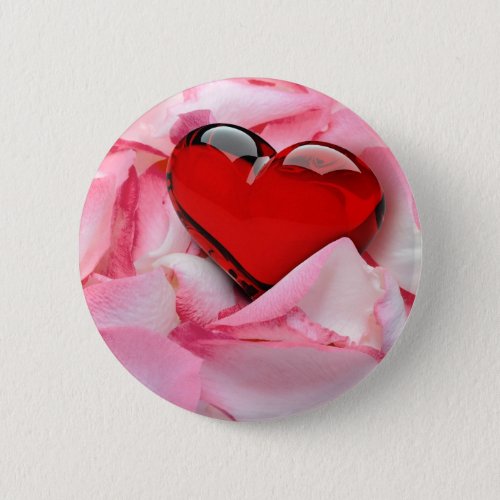 Red Glass Heart Rose Petals Pinback Button