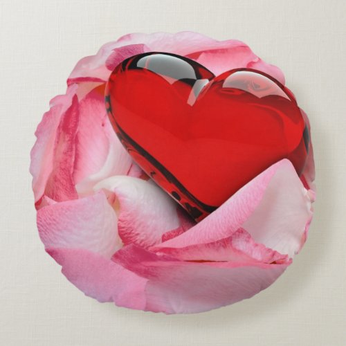 Red Glass Heart Rose Petals Round Pillow