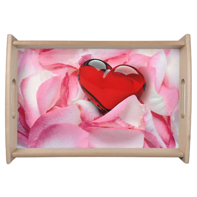Red Glass Heart Rose Petals Serving Tray (Front)