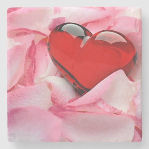 Red Glass Heart Rose Petals Stone Coaster