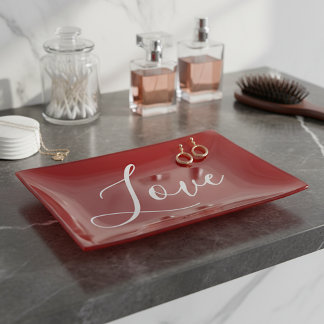 Red Glass Trinket Tray - Elegant White Love Text