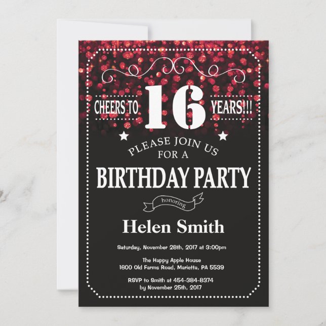 Red Glitter 16th Birthday Invitation (Front)