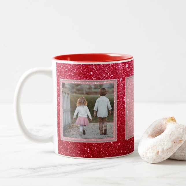 Red Glitter 2 Pictures w/Text Design Your Own Two-Tone Coffee Mug (With Donut)