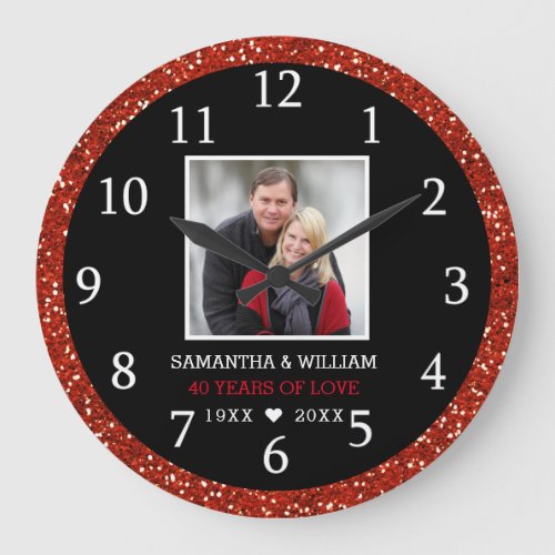 Red Glitter 40th Ruby Wedding Anniversary Photo Large Clock