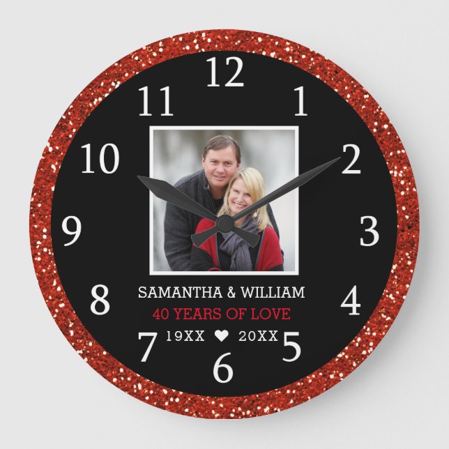 Red Glitter 40th Ruby Wedding Anniversary Photo Large Clock (Front)