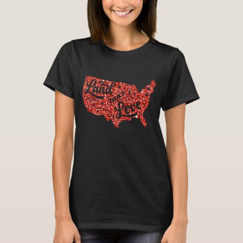 Red Glitter 4th of July Patriotic USA Map Trendy  T_Shirt