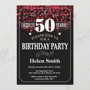 Red Glitter 50th Birthday Invitation