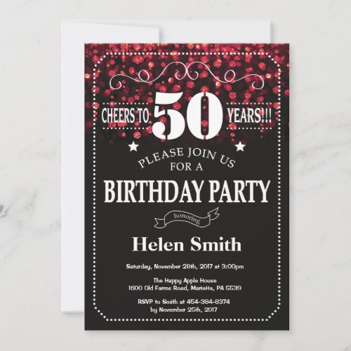 Red Glitter 50th Birthday Invitation