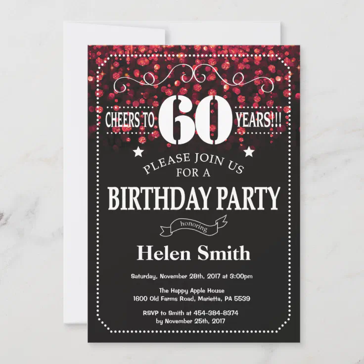 Red Glitter 60th Birthday Invitation | Zazzle