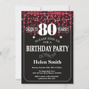 Red Glitter 80th Birthday Invitation