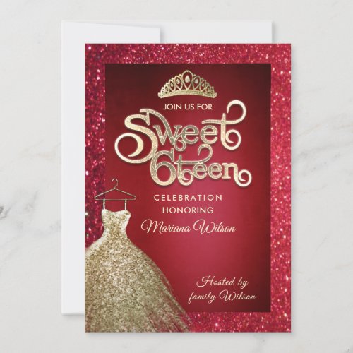 Red glitter adorable dress tiara Gold typography  Invitation