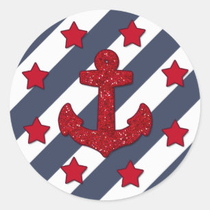Red Glitter Anchor Round Sticker, Glossy Classic Round Sticker