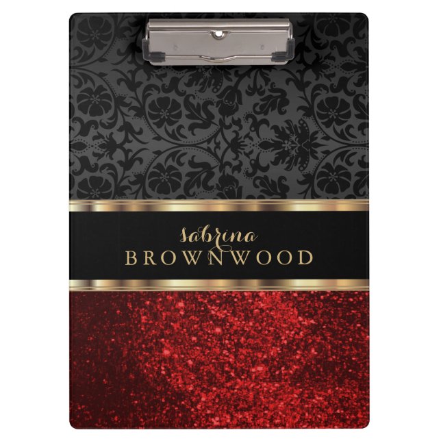 Red Glitter and Black Damask Clipboard (Front)