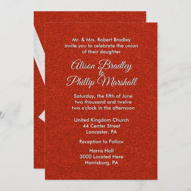 Red Glitter and Bow Wedding Invitation 5"x 7" (Front/Back)